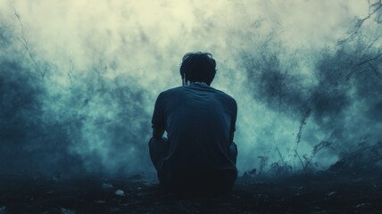 A hopeless sad lonely unhappy man sits in a field