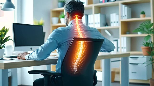 person sitting at desk with a noticeable slouch or poor posture. Highlight the discomfort by showing the individual rubbing their lower back or leaning forward
