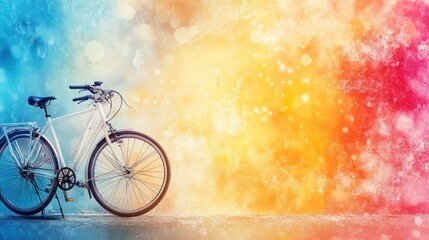Fototapeta premium A white bicycle stands against a colorful, abstract background filled with light and texture.