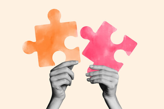 Creative picture collage hands body fragment hold puzzle pieces connect match logic game challenge solve drawing background