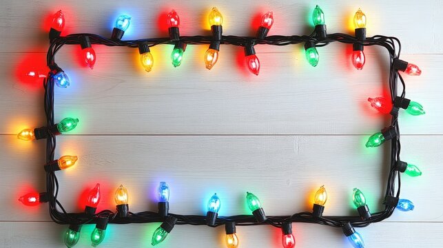 Colorful Christmas lights framing white wood background