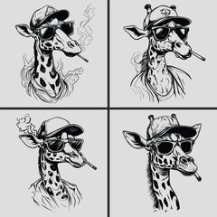 Giraffe Wearing Sunglasses And A Cap, Smoking, Giraffe Vector, Silhouette, Giraffe Svg, Woodcut Svg, Wildlife, Giraffe Head Svg, Animal With Sunglasses Svg, Giraffe Smoking Svg