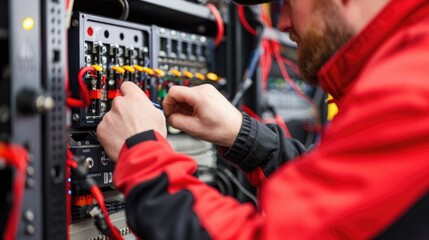 A technician in a red jacket connects equipment in a server rack, showcasing modern technology and network management.