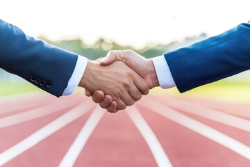 A close-up of two people shaking hands, set against a vibrant outdoor track, symbolizing partnership and collaboration in a sporting context.