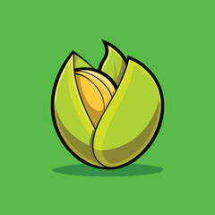 A cartoon illustration of a pistachio nut in its shell.