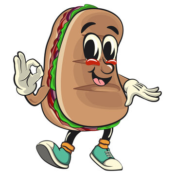 recommend clip art: Sub Sandwich cartoon mascot illustration character vector dancing while giving the okay sign, work of hand drawn