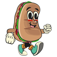 Sub Sandwich cartoon mascot illustration character vector walking, work of hand drawn