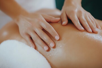 Naklejka premium Serene massage scene showcasing hands applying oil on a back, emphasizing relaxation and well-being in a tranquil environment.