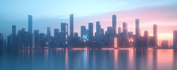 Naklejka premium A serene city skyline at dusk, reflecting lights on water.
