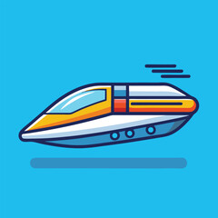 Fototapeta premium A cartoon illustration of a white, orange, and blue bullet train speeding across a blue background.