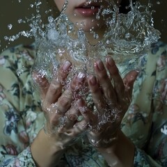 Fototapeta premium A woman's hands capturing splashing water in an artistic close-up, with droplets suspended in mid-air, creating a sense of fluidity and motion