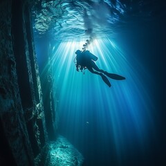 A diver descending into the depths of the ocean, surrounded by beams of sunlight streaming through the water, creating a mystical and serene atmosphere