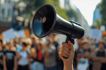 Women Holding Megaphones Addressing Crowds in a Social Campaign for Public Awareness and Change