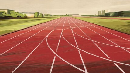 Artistic painting of a red running track with multiple lanes and green surroundings