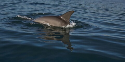 Obraz premium A graceful dolphin leaps out of the sparkling water, its sleek body catching the sunlight, embodying freedom and agility. AI generated.