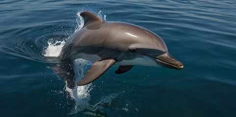 Obraz premium A graceful dolphin leaps out of the sparkling water, its sleek body catching the sunlight, embodying freedom and agility. AI generated.