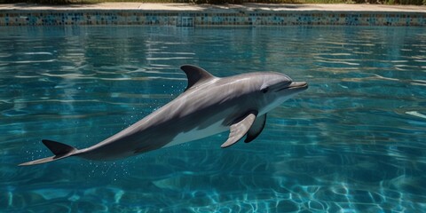 Obraz premium A graceful dolphin leaps out of the sparkling water, its sleek body catching the sunlight, embodying freedom and agility. AI generated.