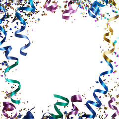 Colorful confetti with ribbon satin for celebration, decoration, new year, anniversary, event, party, wedding, festive & birthday isolated on a transparent background by AI generative.