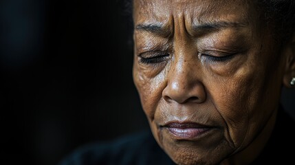 An elderly woman sits in quiet contemplation, her face illuminated by soft light. The intricate details of her features reveal a life rich in experience and emotion, evoking a sense of introspection.