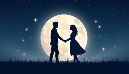 Obraz premium Romantic couple holding hands under a full moon in a starry night