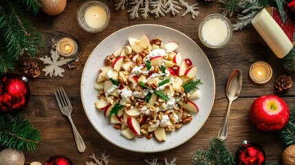 Mexican Christmas apple salad with chunks of apple, nuts, and creamy dressing, festive setup