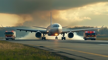 Airplane emergency landing runway fire trucks smoke aviation safety AI generated