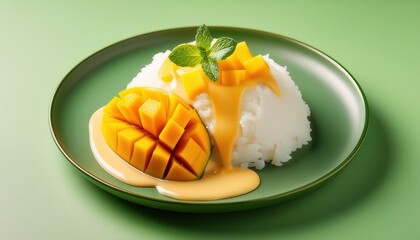 Fresh Mango Sticky Rice Dessert with Drizzled Mango Sauce on Green Plate. Traditional Thai Sweet Dish Perfect for Tropical Flavors, Summer Treats, and Southeast Asian Cuisine Photography Concepts