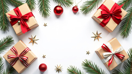 Christmas background with gift boxes, pine branches and balls. With copy space.