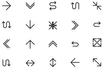 Line Arrow vector icon set. Vector thin line right arrow, minimize, turn right, diagonal arrow. Set of arrow design, button, next, play, fast. Vector illustration.