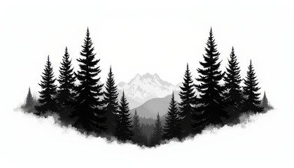 Obraz premium Mountain landscape tattoo with pine trees in blackwork style on white background concept