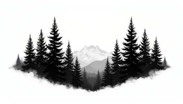 Mountain landscape tattoo with pine trees in blackwork style on white background concept
