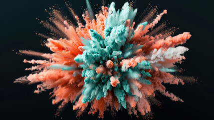 Soft pink and teal dust explosion on black background creates vibrant and dynamic visual effect, evoking sense of energy and creativity