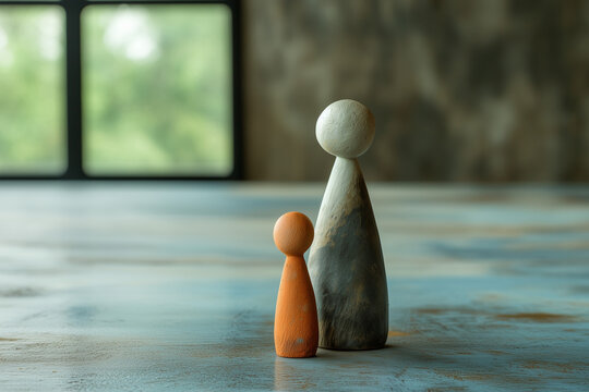 Single unmarried or widowed mother or parent and child figurines, two hand-carved figures standing on the floor of a loft space