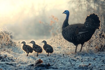 Side view of turkey family wandering through frost-covered field, rich tapestry of autumn foliage creating natural backdrop, moody lighting