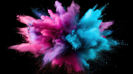 Vibrant purple and teal dust explosion on black background creates stunning visual effect. dynamic colors blend beautifully, evoking sense of energy and creativity