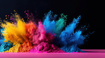 Naklejka premium Vibrant burst of colorful powder creates stunning visual display against black background, showcasing dynamic explosion of hues that evoke energy and creativity