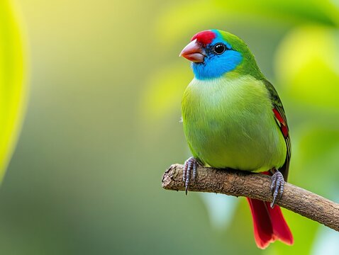 Pin-tailed Parrotfinch Perched on Branch with Vibrant Green and Blue Plumage with Soft Natural Blur Background