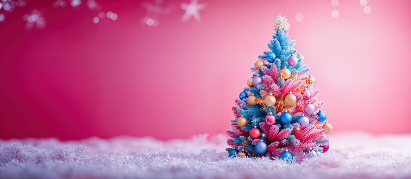 banni&egrave;re web avec sapin d&eacute;cor&eacute; avec des boules de No&euml;l turquoises et roses sur un fond rose pastel	