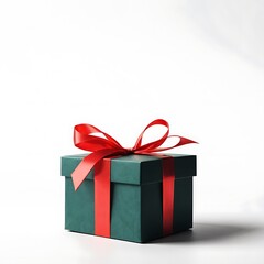Obraz premium A single green gift box with a red ribbon sits on a white background.