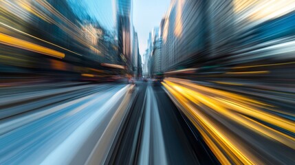 A blurred cityscape viewed from a moving vehicle, representing speed and motion, concept speed