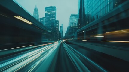 Fototapeta premium A blurred cityscape viewed from a moving vehicle, representing speed and motion, concept speed