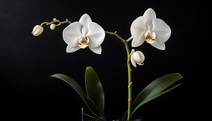 Obraz premium A white orchid with two open blooms and several buds against a black background. 