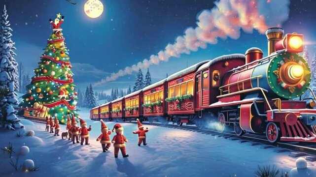 Vintage Illustration of a Christmas Train in a Snowy Forest