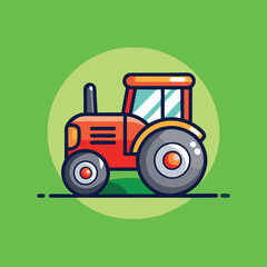 Red tractor with big wheels against a green background, a cartoon illustration.