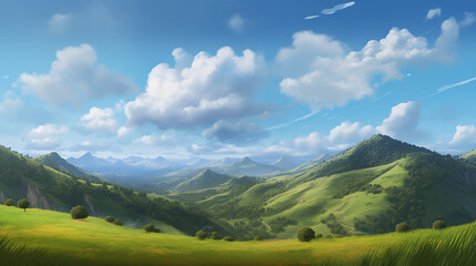 Fototapeta premium Tranquil Valley with Rolling Hills and Mountains