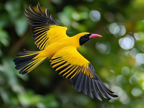 Black-naped Oriole in Flight with Bold Yellow and Black Plumage with Soft Natural Blur Background