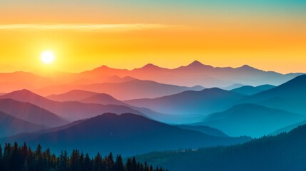 Obraz premium Sunset Mountain Majesty: Layers of majestic mountains bathed in the vibrant hues of a breathtaking sunset, creating a serene and awe-inspiring landscape.