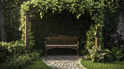 A charming Victorian sweetheart bench set beneath an ivy-covered arbor