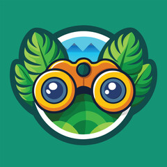 A pair of binoculars with a view of mountains and leaves. This is the perfect logo for an adventure or nature-based brand.