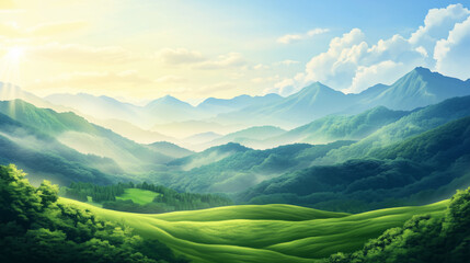 Tranquil Valley with Rolling Hills and Mountains